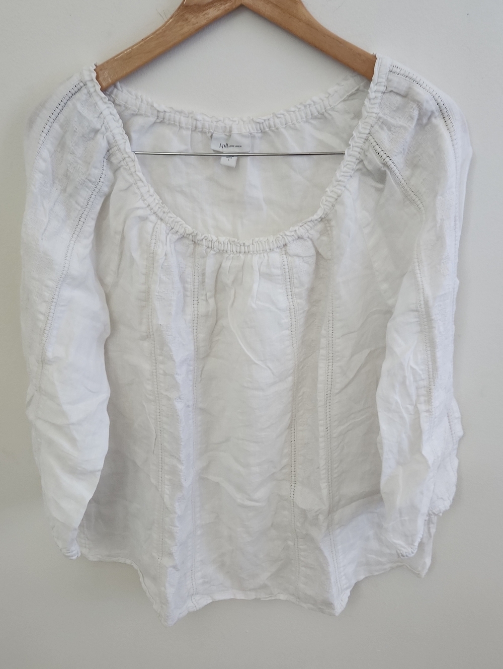 J. Jill White 100% Linen Scoop-Neck Peasant Oversized 3/4 Sleeve Blouse Lg